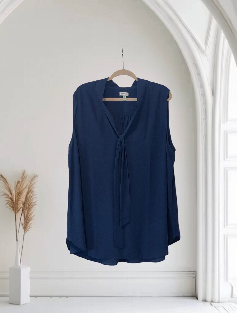 3X Susina Blue Blouse Shirt Top Tie V-Beck Plus Size 3X